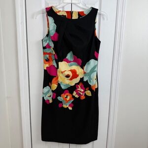 AGB Dress 10 Black Floral Sleeveless Sheath Watercolor Print Party Work Cocktail